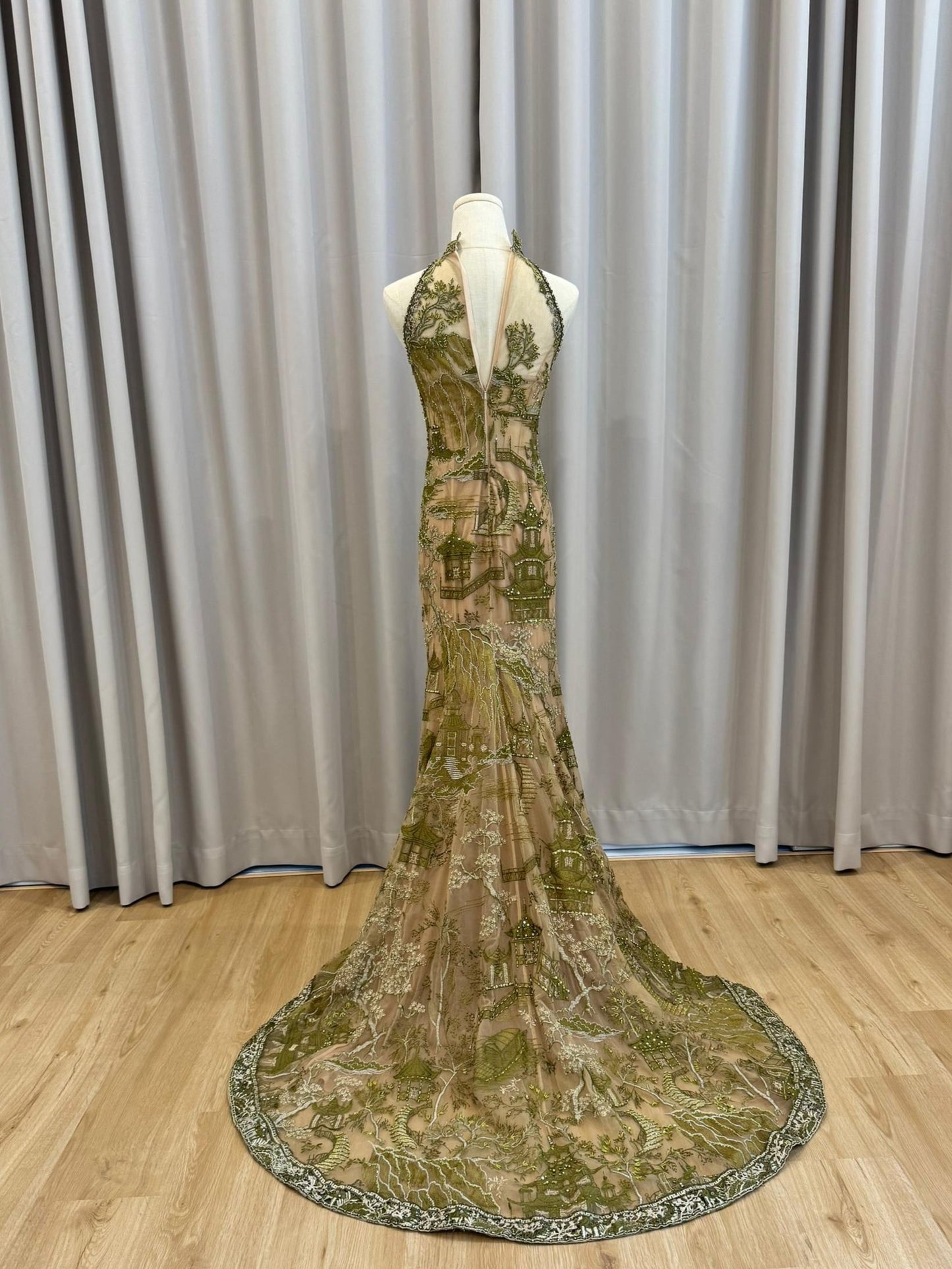 Cheongsam | Stella Lunardy - Sheer Beige and Green Beaded