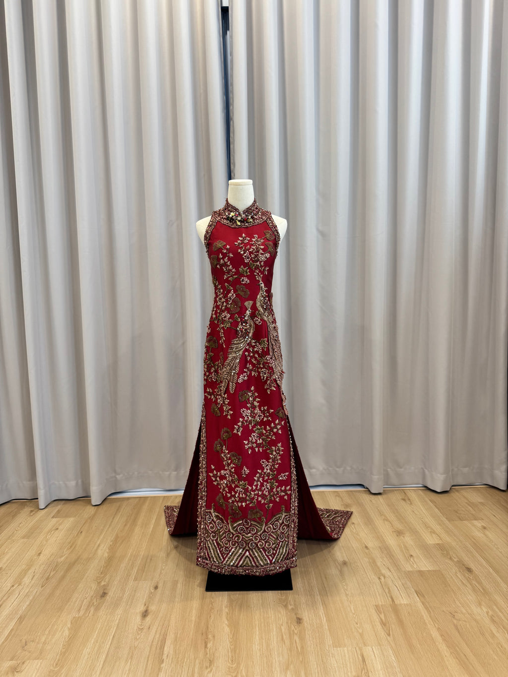 Cheongsam | Stella Lunardy - Red Halter Cheongsam with Birds Embroideries