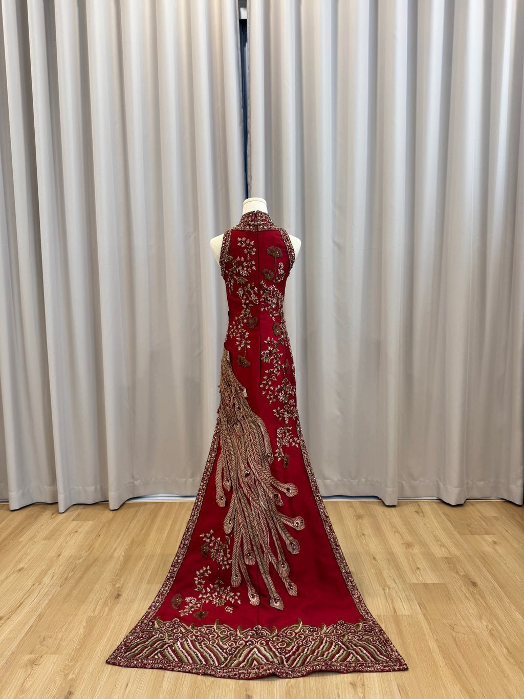 Cheongsam | Stella Lunardy - Red Halter Cheongsam with Birds Embroideries