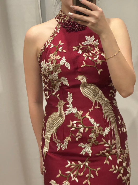 Cheongsam | Stella Lunardy - Maroon Embroidered Birds & Flowers