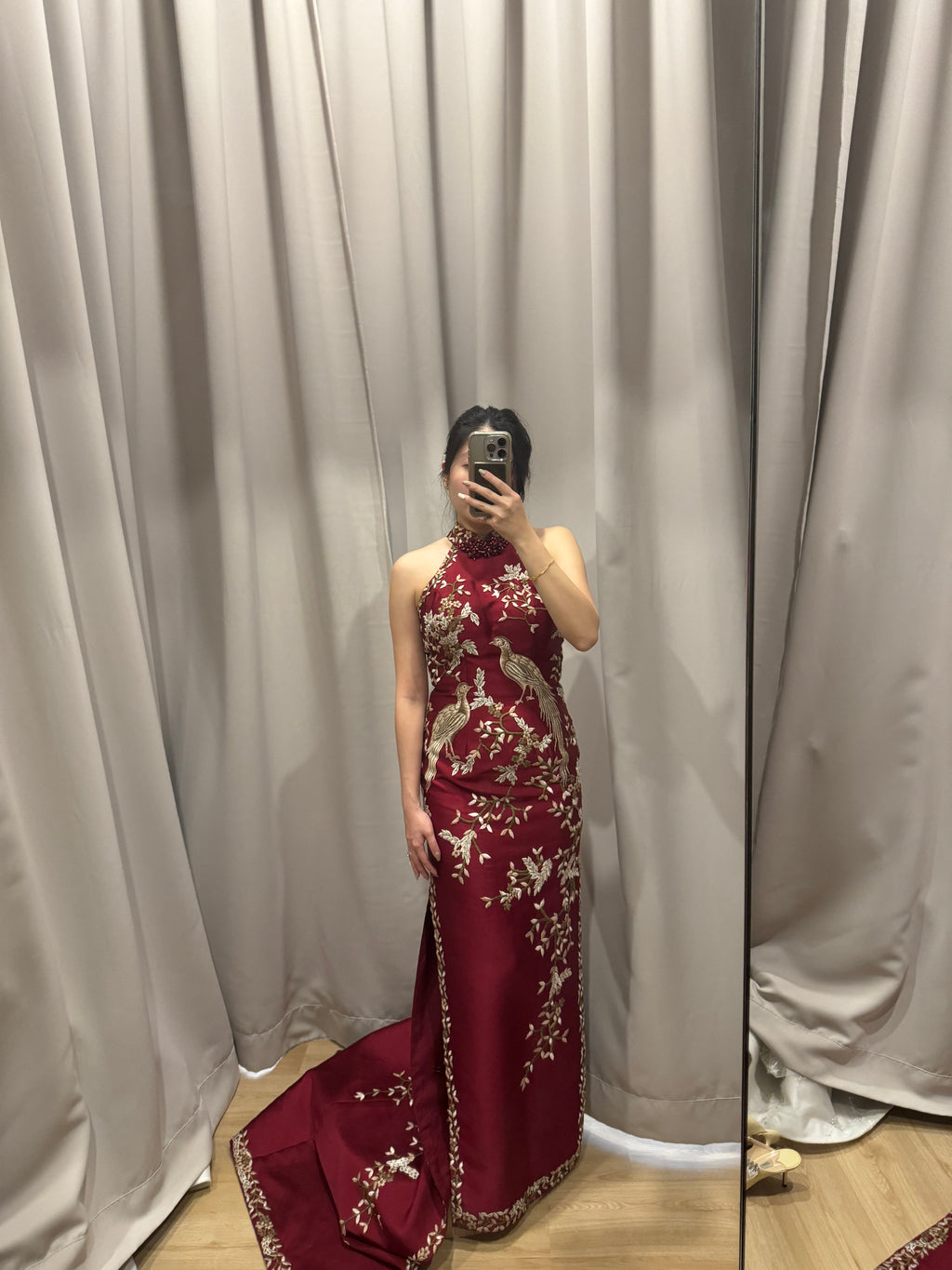 Cheongsam | Stella Lunardy - Maroon Embroidered Birds & Flowers