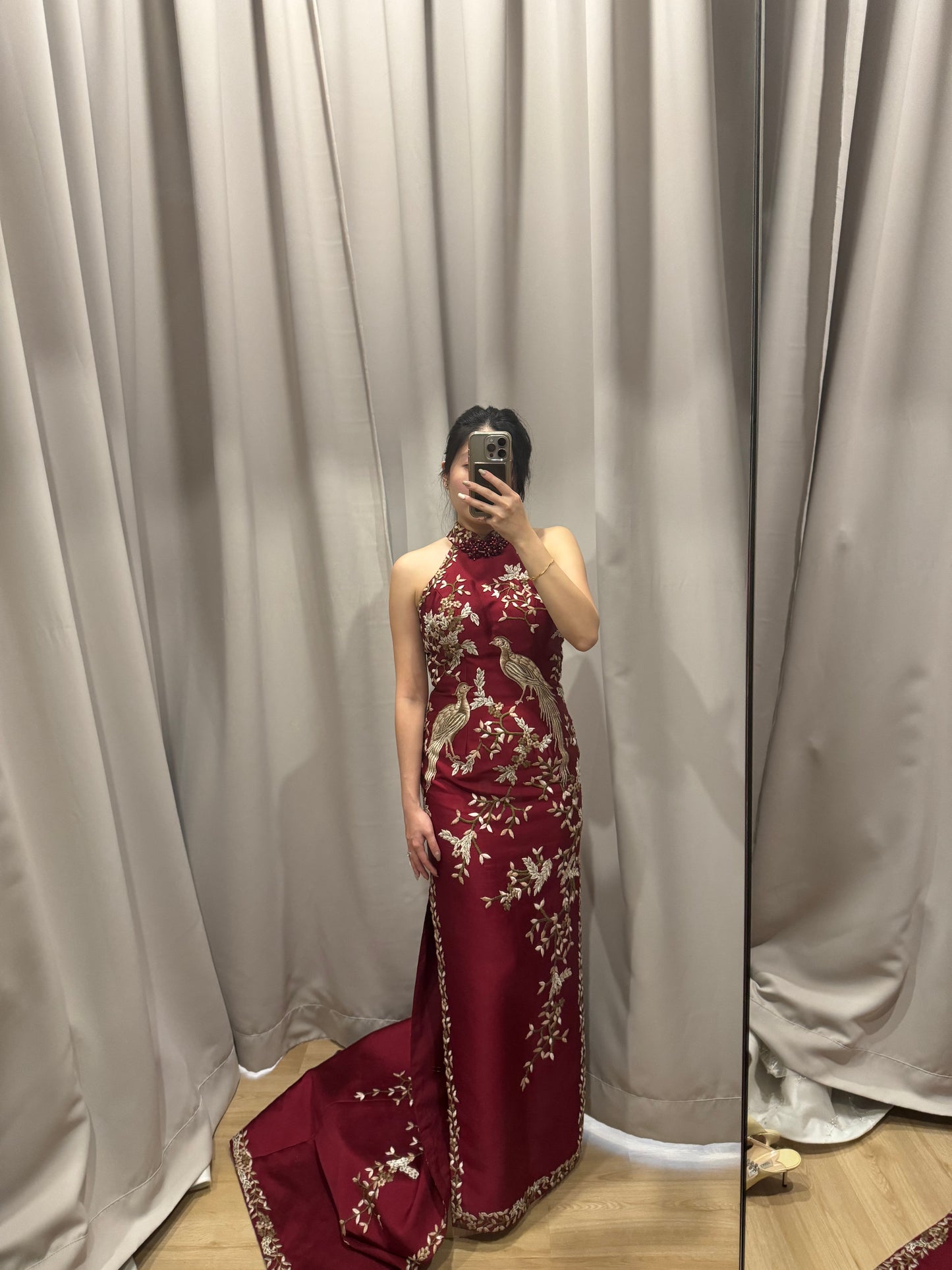 Cheongsam | Stella Lunardy - Maroon Embroidered Birds & Flowers