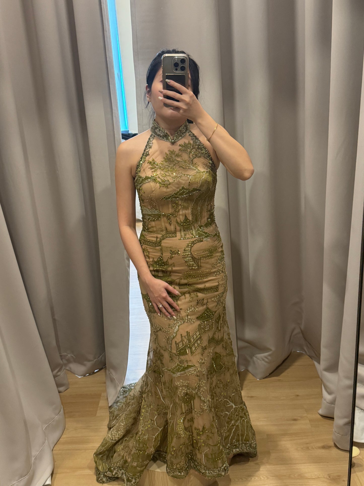 Cheongsam | Stella Lunardy - Sheer Beige and Green Beaded