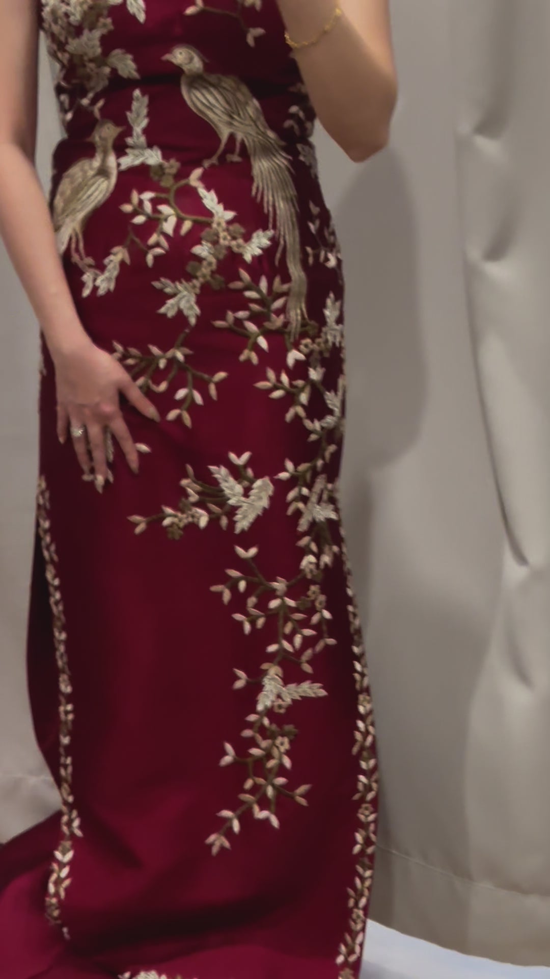 Cheongsam | Stella Lunardy - Maroon Embroidered Birds & Flowers