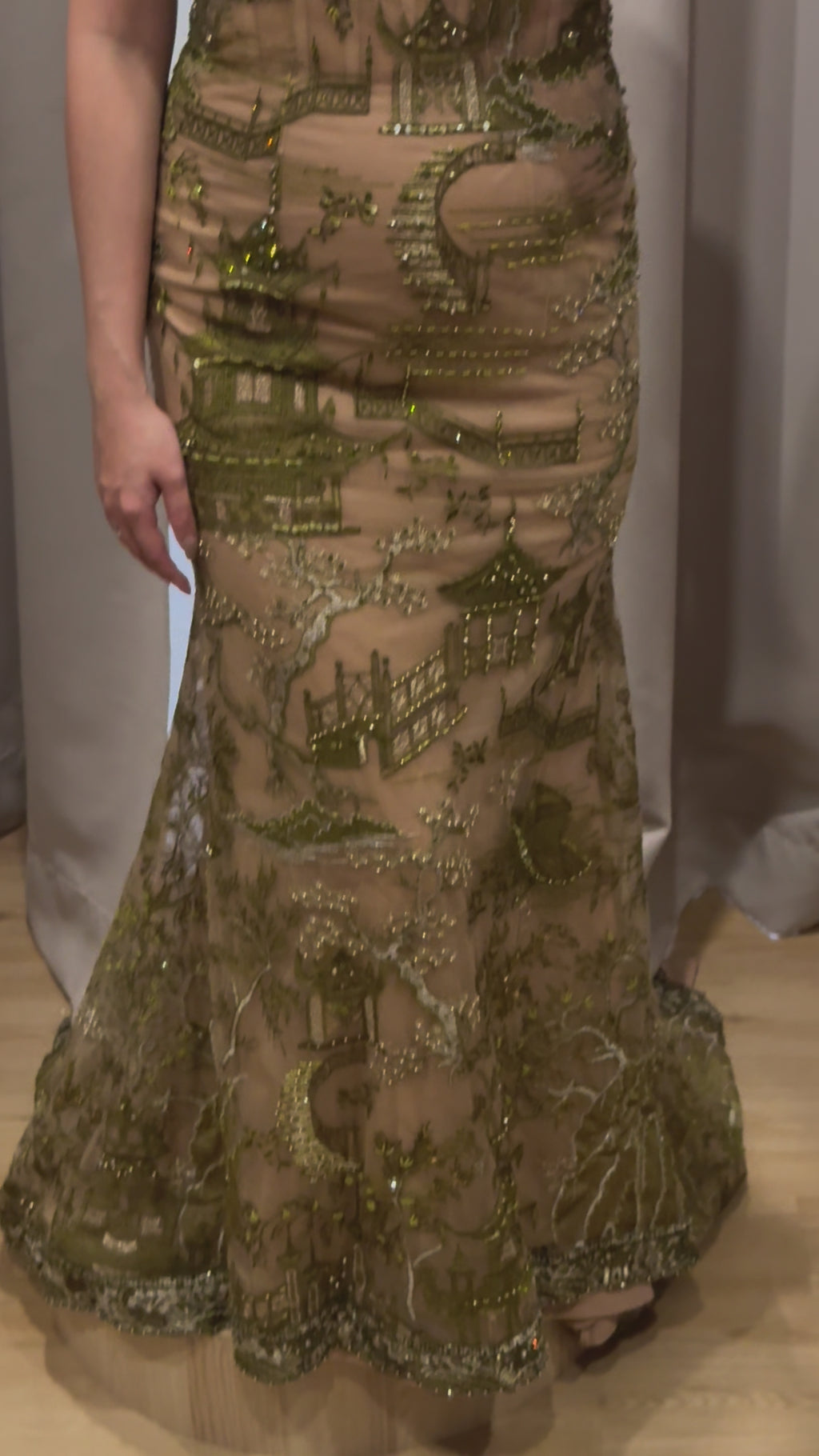 Cheongsam | Stella Lunardy - Sheer Beige and Green Beaded